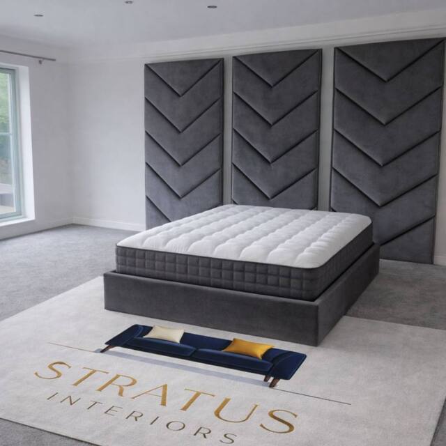 Stratus Interiors Optimus Luxury Velvet Bed Frame with Chevron Panel Headboard Set in Grey - Size: King - image 1