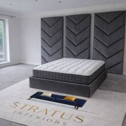 Stratus Interiors Optimus Luxury Velvet Bed Frame with Chevron Panel Headboard Set in Grey - Size: King - thumbnail 1