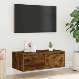 Berkfield Home TV Cabinet with LED Lights Smoked Oak 75x35.5x25 cm in Brown - thumbnail 4