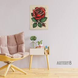 "Artery8 Rose Flower Old School USA Rockabilly Tattoo Canvas Wall Art Print in Red - Size: W18"" x H24""" - thumbnail 3
