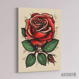"Artery8 Rose Flower Old School USA Rockabilly Tattoo Canvas Wall Art Print in Red - Size: W18"" x H24""" - thumbnail 2