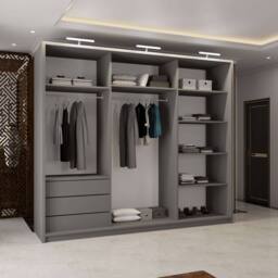 MN Furniture 3 Door Mirror Sliding Wardrobe with LED Light 250cm x 217cm in Grey - Size: 250 cm x 217 cm - thumbnail 4