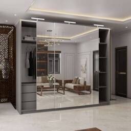 MN Furniture 3 Door Mirror Sliding Wardrobe with LED Light 250cm x 217cm in Grey - Size: 250 cm x 217 cm - thumbnail 3