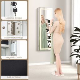 Costway 108cm Jewelry Mirror Cabinet Lockable Jewelry 3-Color LED Lights-White in White - thumbnail 3