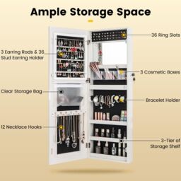 Costway 108cm Jewelry Mirror Cabinet Lockable Jewelry 3-Color LED Lights-White in White - thumbnail 5