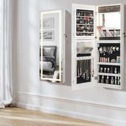 Costway 108cm Jewelry Mirror Cabinet Lockable Jewelry 3-Color LED Lights-White in White - thumbnail 4