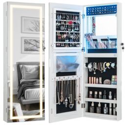 Costway 108cm Jewelry Mirror Cabinet Lockable Jewelry 3-Color LED Lights-White in White - thumbnail 1