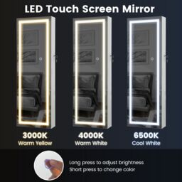 Costway 108cm Jewelry Mirror Cabinet Lockable Jewelry 3-Color LED Lights-White in White - thumbnail 2
