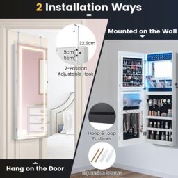 Costway 108cm Jewelry Mirror Cabinet Lockable Jewelry 3-Color LED Lights-White in White - thumbnail 6