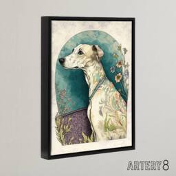 "Artery8 Whippet Dog With Flowers Modern Framed Canvas Wall Art Print in Blue - Size: W12"" x H16""" - thumbnail 2