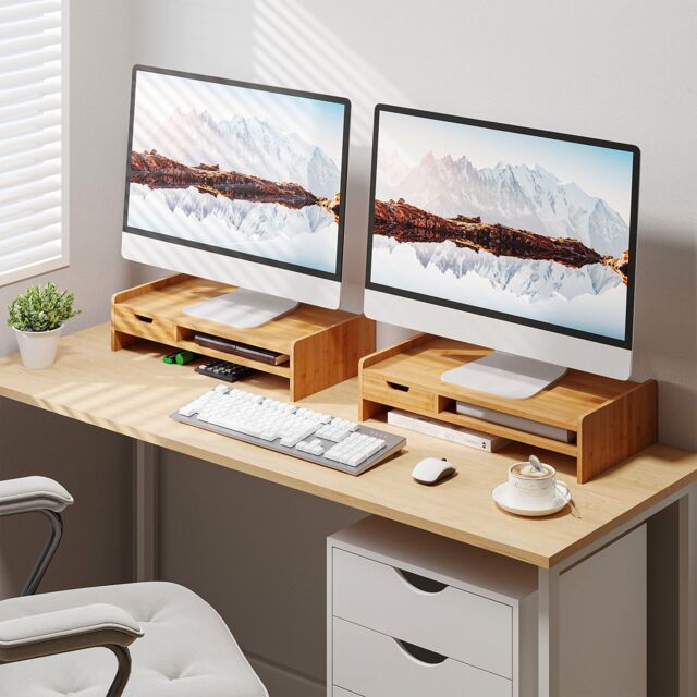 HOMCOM Monitor Riser Laptop PC Plinth Stand Organiser Computer Screen Drawer in Light Brown - image 1