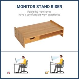 HOMCOM Monitor Riser Laptop PC Plinth Stand Organiser Computer Screen Drawer in Light Brown - thumbnail 4