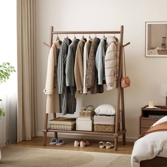 YQJJGL Stylish Mobile Rolling Clothes Rack With Hanging Rod Storage Shelves Garment Rack Coat Rack Solid Wood in Walnut - image 1