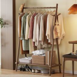 YQJJGL Stylish Mobile Rolling Clothes Rack With Hanging Rod Storage Shelves Garment Rack Coat Rack Solid Wood in Walnut - thumbnail 2