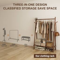 YQJJGL Stylish Mobile Rolling Clothes Rack With Hanging Rod Storage Shelves Garment Rack Coat Rack Solid Wood in Walnut - thumbnail 8
