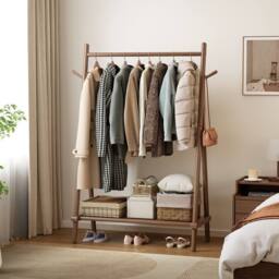 YQJJGL Stylish Mobile Rolling Clothes Rack With Hanging Rod Storage Shelves Garment Rack Coat Rack Solid Wood in Walnut - thumbnail 1