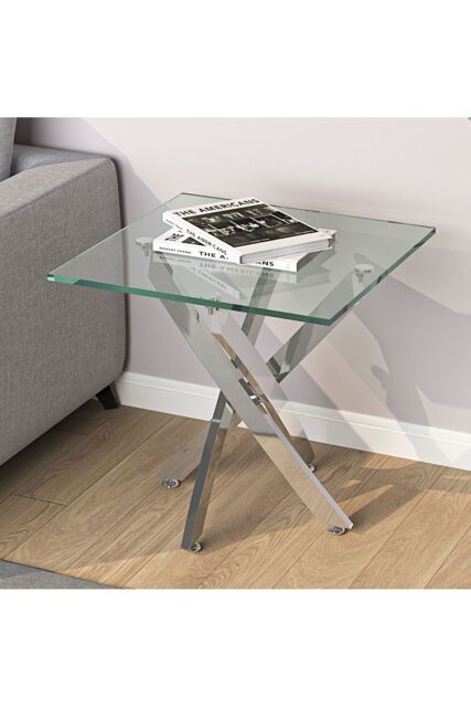 Living and Home Modern Square Tempered Glass Top Coffee End Table with Chrome Cross Leg in Clear - image 1