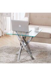 Living and Home Modern Square Tempered Glass Top Coffee End Table with Chrome Cross Leg in Clear - thumbnail 3