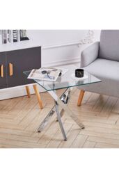 Living and Home Modern Square Tempered Glass Top Coffee End Table with Chrome Cross Leg in Clear - thumbnail 2