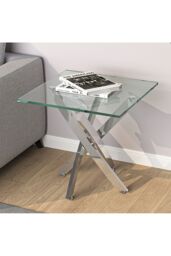 Living and Home Modern Square Tempered Glass Top Coffee End Table with Chrome Cross Leg in Clear