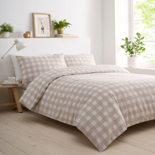 Portfolio Home Gingham Check Bedding Duvet Cover Quilt Set with Pillowcase in Brown - Size: Double - image 1