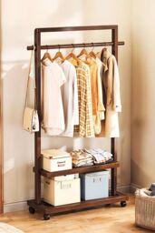 Living and Home Bamboo Rolling Clothes Coat Hanging Rod Garment Rack with 2-tier Shelves, Wheels in Brown
