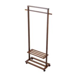 Living and Home Bamboo Rolling Clothes Coat Hanging Rod Garment Rack with 2-tier Shelves, Wheels in Brown - thumbnail 2