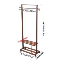 Living and Home Bamboo Rolling Clothes Coat Hanging Rod Garment Rack with 2-tier Shelves, Wheels in Brown - thumbnail 8