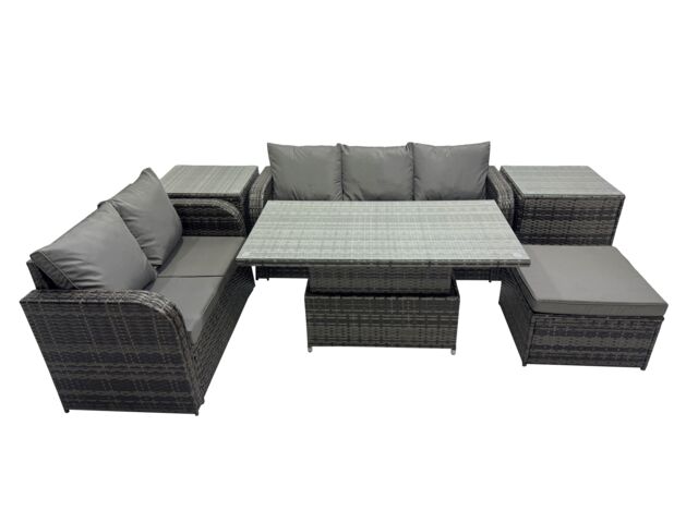 Fimous Rattan Garden Furniture Dining Set 6-seater with 2 Side Tables in Dark Grey - image 1