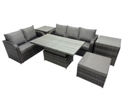 Fimous Rattan Garden Furniture Dining Set 6-seater with 2 Side Tables in Dark Grey - thumbnail 2