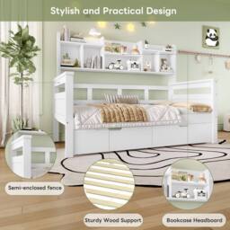 Merax 3ft Single Wooden Kids Storage Bed Frame with Bookcase & Drawers in White - thumbnail 7