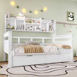 Merax 3ft Single Wooden Kids Storage Bed Frame with Bookcase & Drawers in White - thumbnail 3