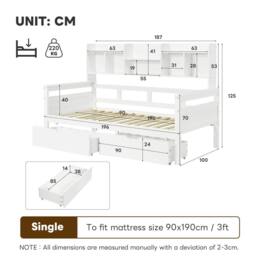 Merax 3ft Single Wooden Kids Storage Bed Frame with Bookcase & Drawers in White - thumbnail 8