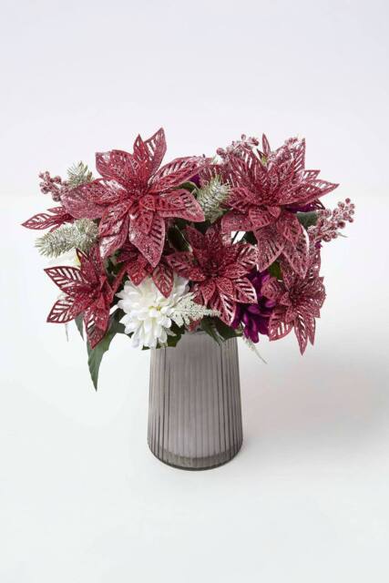Homescapes Set of 2 Artificial Red & White Glitter Poinsettia Bouquets - image 1
