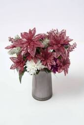 Homescapes Set of 2 Artificial Red & White Glitter Poinsettia Bouquets - thumbnail 1