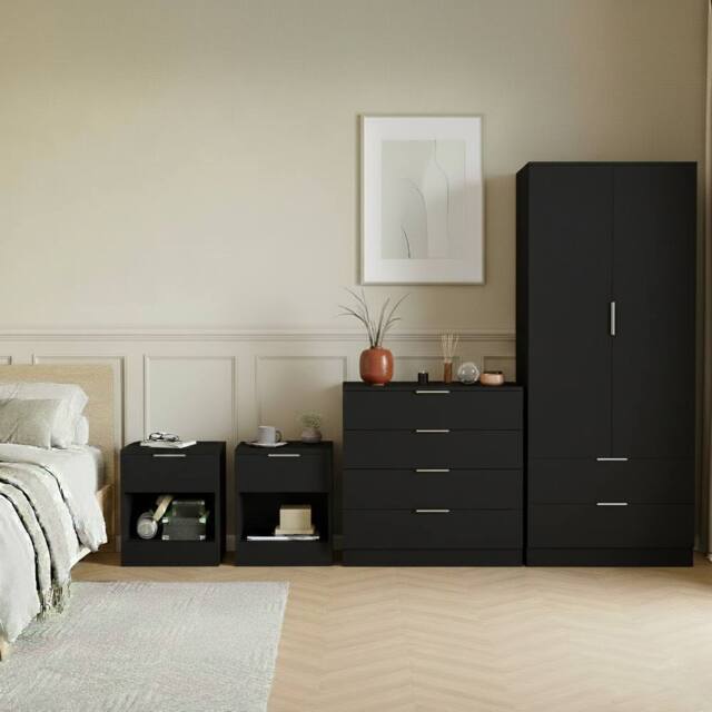 Home Discount Vida Designs Trega 4Pc Bedroom Set (Bedside x2, 4Dr Chest & Wardrobe) in Black - image 1