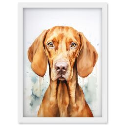 Artery8 Wall Art Print Hungarian Vizsla Dog Soft Watercolour Artwork Golden Rust Teal Bright Portrait Artwork Framed A4 in White - thumbnail 1