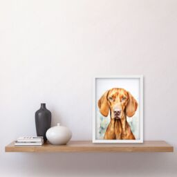 Artery8 Wall Art Print Hungarian Vizsla Dog Soft Watercolour Artwork Golden Rust Teal Bright Portrait Artwork Framed A4 in White - thumbnail 2