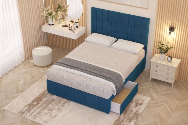 Somnior Alexas Plush Velvet 2 Drawer Divan Bed Set with Midnight Pocket Sprung Mattress & Headboard in Navy - Size: Single - image 1