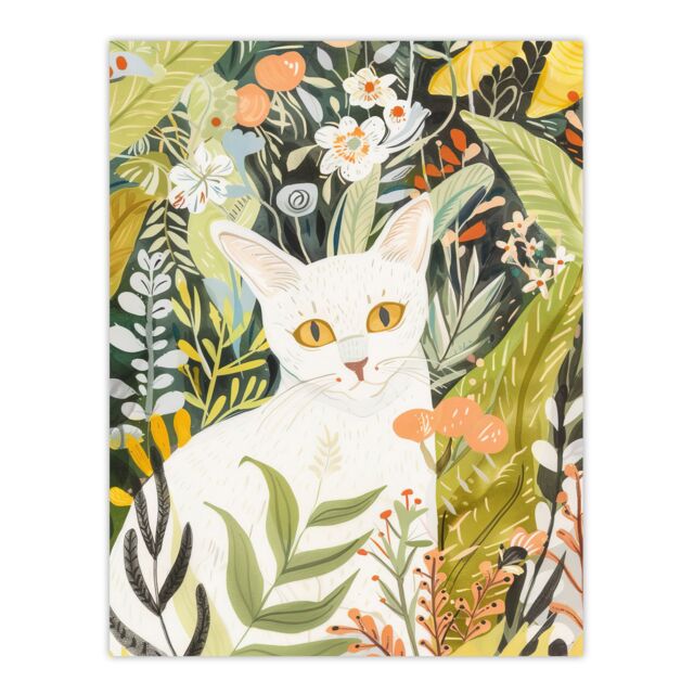"Artery8 White Cat Lover Pet in Summer Flower Garden Wall Art Print - Size: W18"" x H24""" - image 1