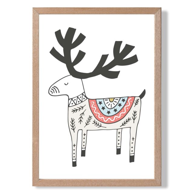 ARTZE Cute Beige Reindeer Scandi Animal Framed Print SIZE: A4 with Oak Frame - Size: A3 - image 1