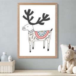 ARTZE Cute Beige Reindeer Scandi Animal Framed Print SIZE: A4 with Oak Frame - Size: A3 - thumbnail 2