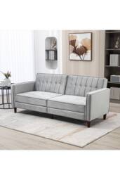 ERGOVEXA Convertible Sofa Futon Velvet-Touch Tufted Couch Compact, Light Grey - thumbnail 3