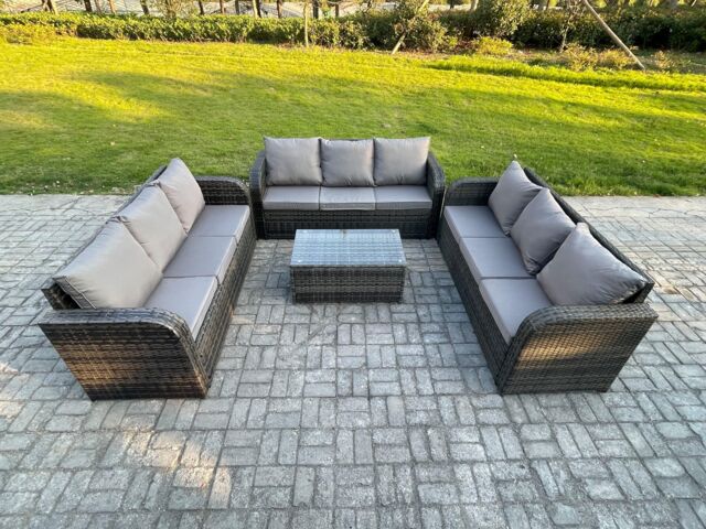 Fimous Rattan Lounge Sofa Set 9 Seater Outdoor Garden Furniture Set with Rectangular Coffee Table 3 Seater Sofa Dark Grey Mixed - image 1