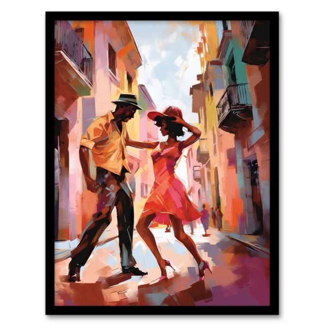 Artery8 Wall Art Print Salsa Street Dance Mambo Colourful Dancing Painting Rhythm Body Energy Theatre Arts Artwork Art Framed - Size: A4 - image 1