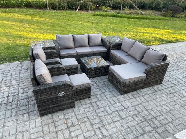 Fimous High Back Rattan Garden Furniture Set with Square Coffee Table 3 Footstools 2 Side Tables Indoor Outdoor Patio Lounge Sofa Set in Dark Grey - image 1