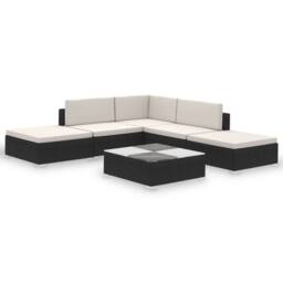 Berkfield Home 6 Piece Garden Lounge Set with Cushions Poly Rattan Black - thumbnail 1