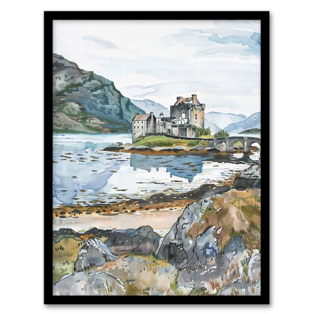 "Artery8 Eilean Donan Castle Loch Lake Scotland Landscape Framed Wall Art in Blue - Size: W12"" x H16""" - image 1