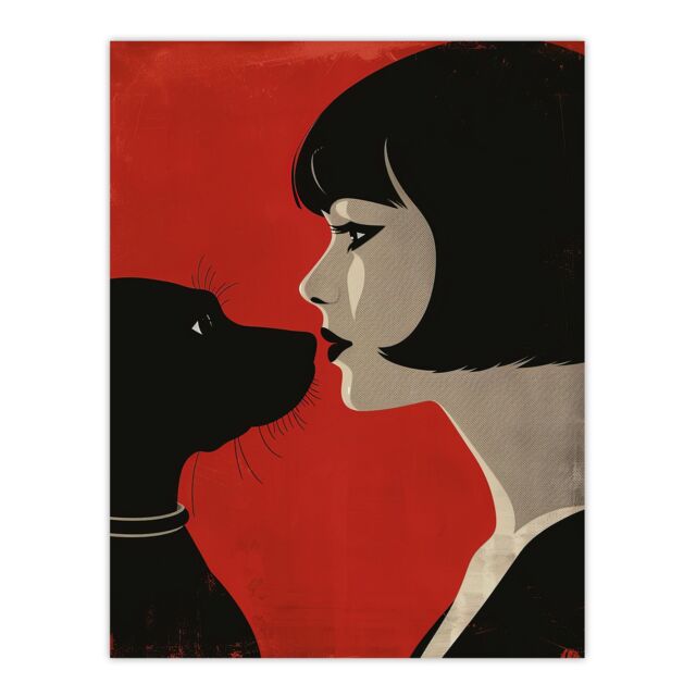 "Artery8 Black Dog Lover Lady & Pet Bold Red Retro Style Wall Art Print - Size: W12"" x H16""" - image 1