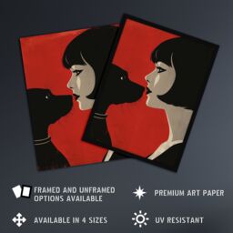 "Artery8 Black Dog Lover Lady & Pet Bold Red Retro Style Wall Art Print - Size: W12"" x H16""" - thumbnail 2